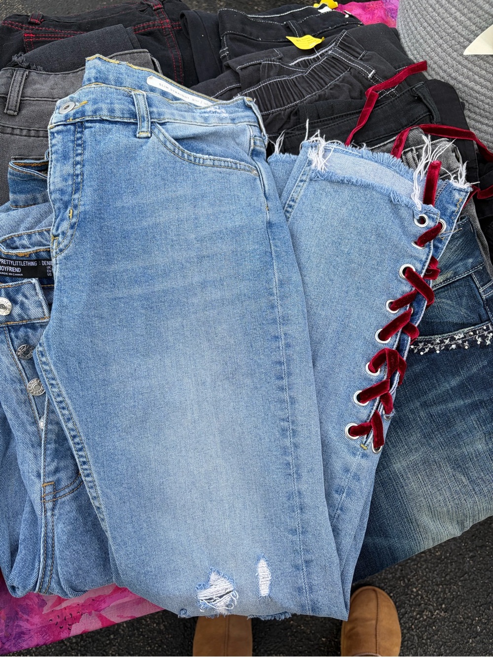 Pilcro Light Blue Denim Boyfriend Jeans with Red Velvet Lace-Up Side
